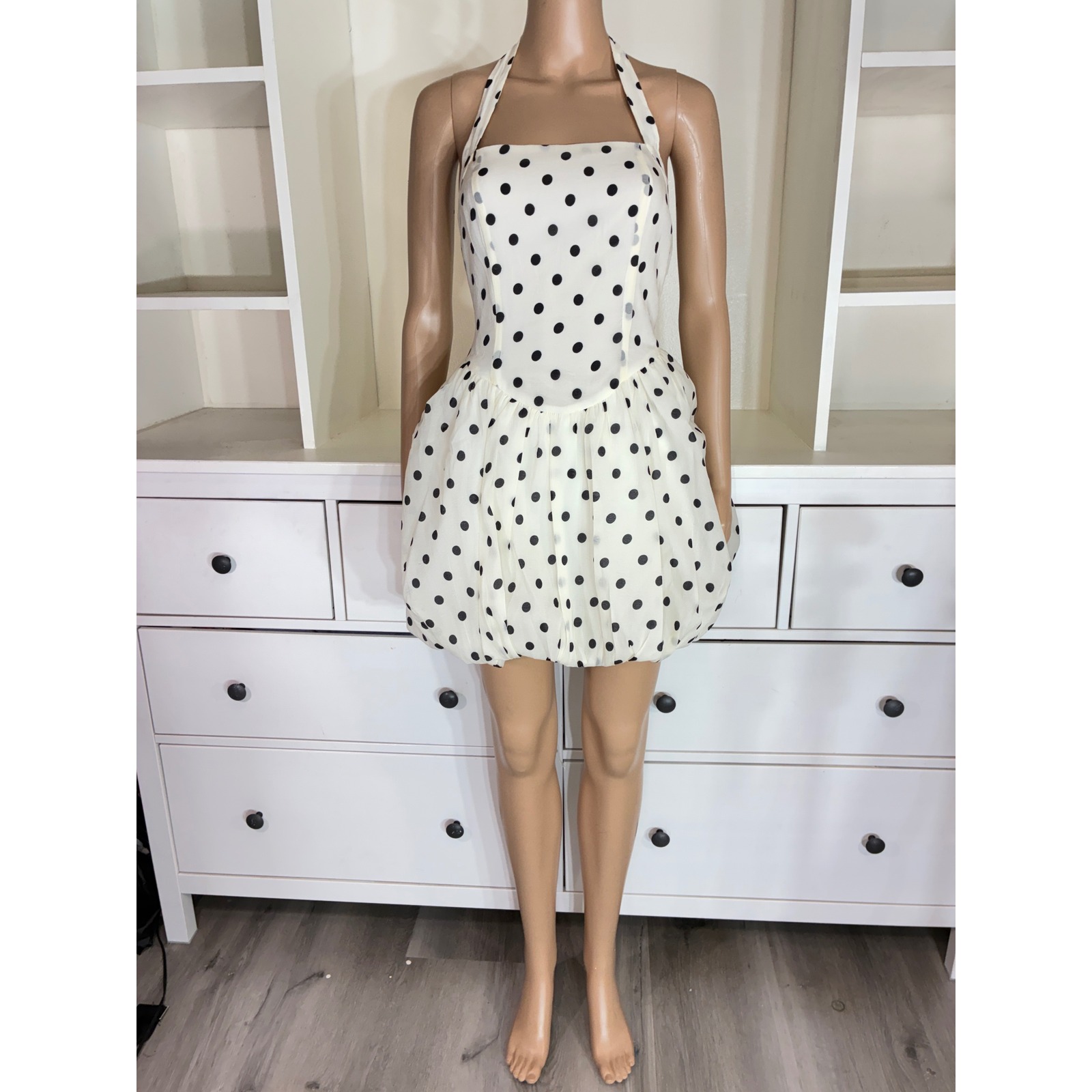 Akira Polka Dot Halter Mini Dress Womens Small White Black Bubble Hem Smocked